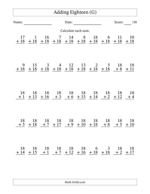 The Adding Eighteen With The Other Addend From 1 to 18 – 50 Questions (G) Math Worksheet