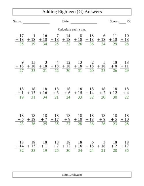 The 50 Vertical Adding Eighteens Questions (G) Math Worksheet Page 2