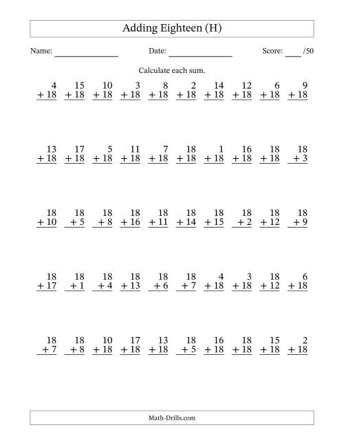 The Adding Eighteen With The Other Addend From 1 to 18 – 50 Questions (H) Math Worksheet