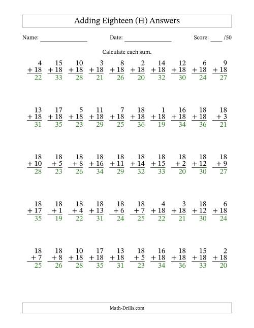 The Adding Eighteen With The Other Addend From 1 to 18 – 50 Questions (H) Math Worksheet Page 2