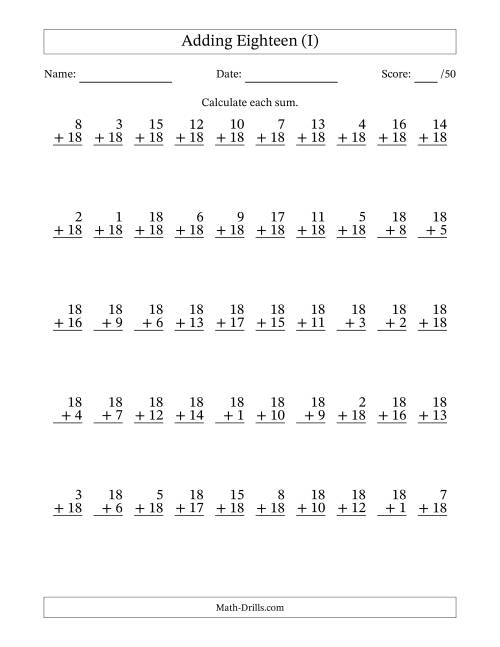 The Adding Eighteen With The Other Addend From 1 to 18 – 50 Questions (I) Math Worksheet