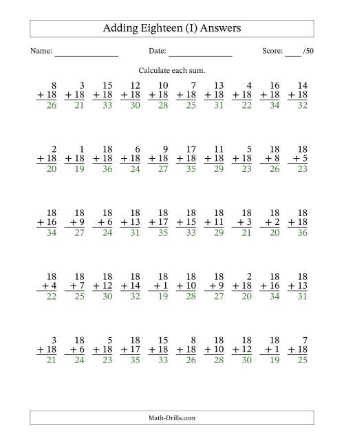 The Adding Eighteen With The Other Addend From 1 to 18 – 50 Questions (I) Math Worksheet Page 2