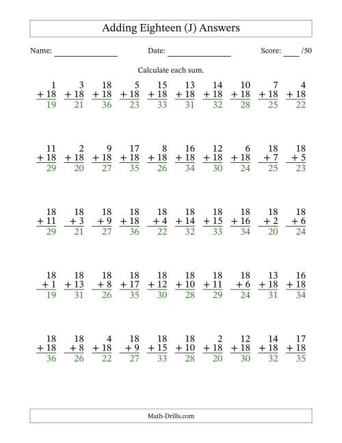 The Adding Eighteen With The Other Addend From 1 to 18 – 50 Questions (J) Math Worksheet Page 2