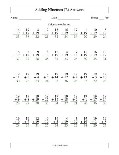The Adding Nineteen With The Other Addend From 1 to 19 – 50 Questions (B) Math Worksheet Page 2