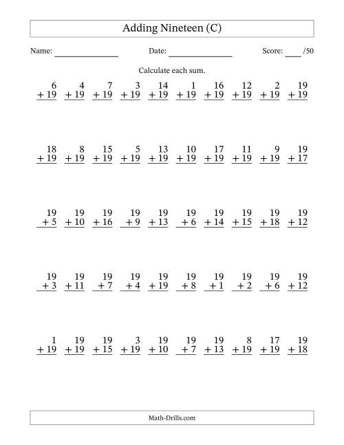 The Adding Nineteen With The Other Addend From 1 to 19 – 50 Questions (C) Math Worksheet