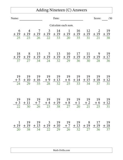 The Adding Nineteen With The Other Addend From 1 to 19 – 50 Questions (C) Math Worksheet Page 2
