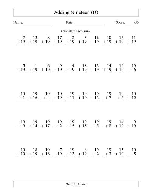 The Adding Nineteen With The Other Addend From 1 to 19 – 50 Questions (D) Math Worksheet