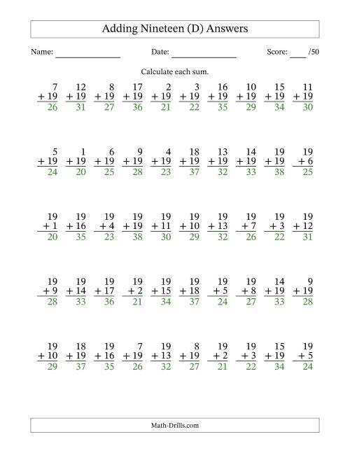 The 50 Vertical Adding Nineteens Questions (D) Math Worksheet Page 2