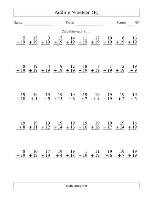The Adding Nineteen With The Other Addend From 1 to 19 – 50 Questions (E) Math Worksheet