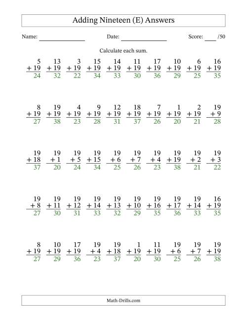 The Adding Nineteen With The Other Addend From 1 to 19 – 50 Questions (E) Math Worksheet Page 2