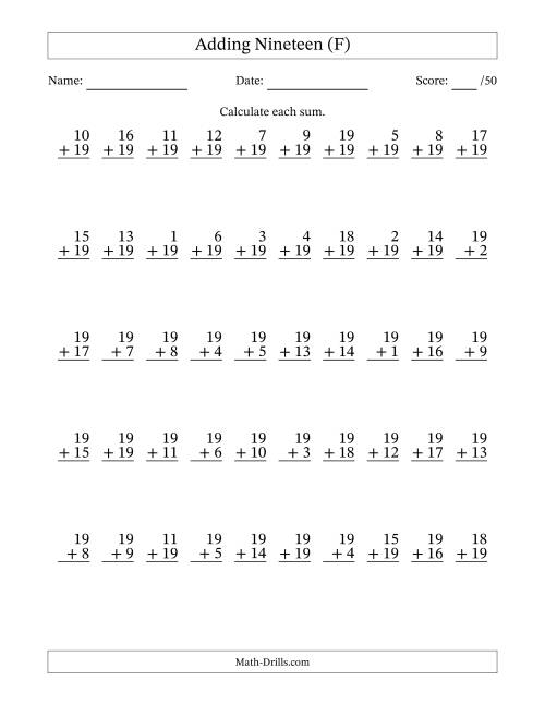 The Adding Nineteen With The Other Addend From 1 to 19 – 50 Questions (F) Math Worksheet