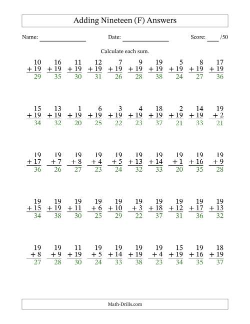 The Adding Nineteen With The Other Addend From 1 to 19 – 50 Questions (F) Math Worksheet Page 2