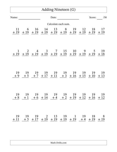The Adding Nineteen With The Other Addend From 1 to 19 – 50 Questions (G) Math Worksheet