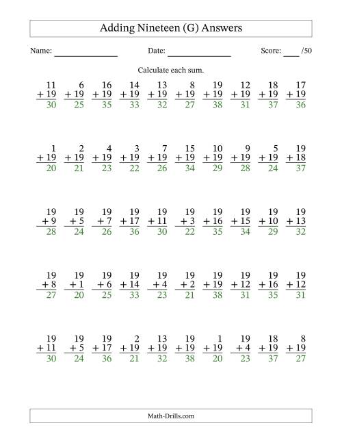 The 50 Vertical Adding Nineteens Questions (G) Math Worksheet Page 2