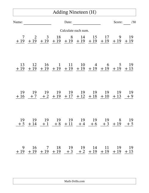 The Adding Nineteen With The Other Addend From 1 to 19 – 50 Questions (H) Math Worksheet