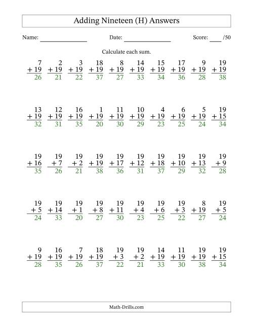 The Adding Nineteen With The Other Addend From 1 to 19 – 50 Questions (H) Math Worksheet Page 2