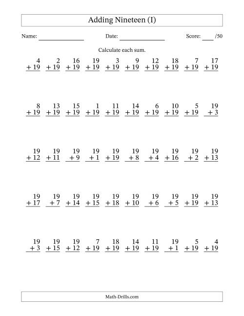 The Adding Nineteen With The Other Addend From 1 to 19 – 50 Questions (I) Math Worksheet