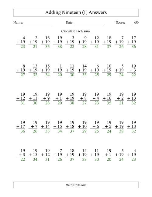 The 50 Vertical Adding Nineteens Questions (I) Math Worksheet Page 2