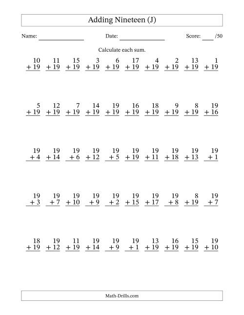 The Adding Nineteen With The Other Addend From 1 to 19 – 50 Questions (J) Math Worksheet