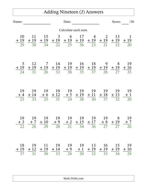 The Adding Nineteen With The Other Addend From 1 to 19 – 50 Questions (J) Math Worksheet Page 2