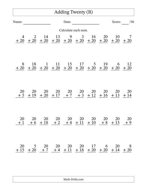 The Adding Twenty With The Other Addend From 1 to 20 – 50 Questions (B) Math Worksheet