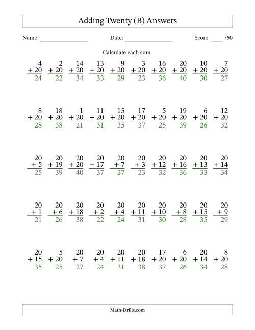 The 50 Vertical Adding Twenties Questions (B) Math Worksheet Page 2