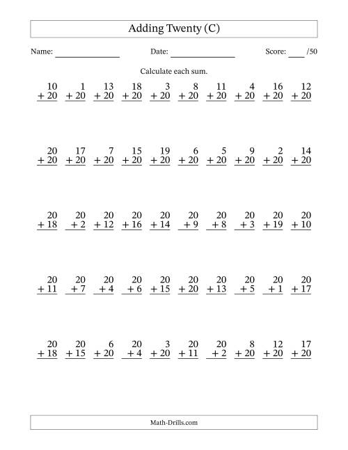 The Adding Twenty With The Other Addend From 1 to 20 – 50 Questions (C) Math Worksheet