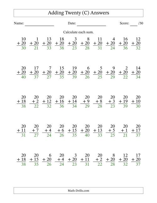 The Adding Twenty With The Other Addend From 1 to 20 – 50 Questions (C) Math Worksheet Page 2