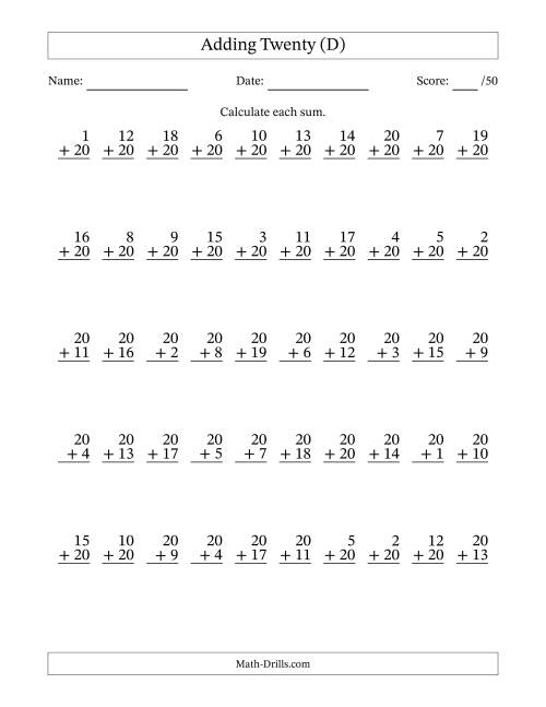 The Adding Twenty With The Other Addend From 1 to 20 – 50 Questions (D) Math Worksheet