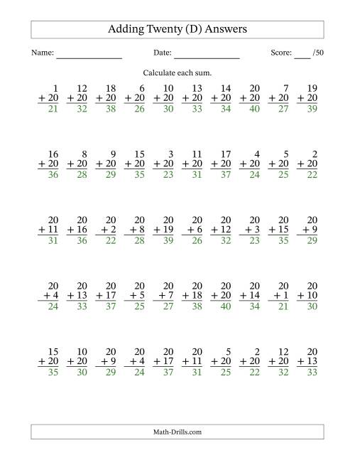 The 50 Vertical Adding Twenties Questions (D) Math Worksheet Page 2