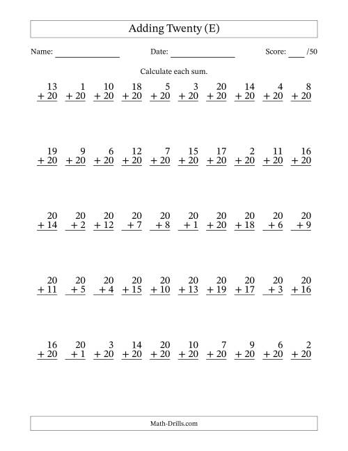 The Adding Twenty With The Other Addend From 1 to 20 – 50 Questions (E) Math Worksheet