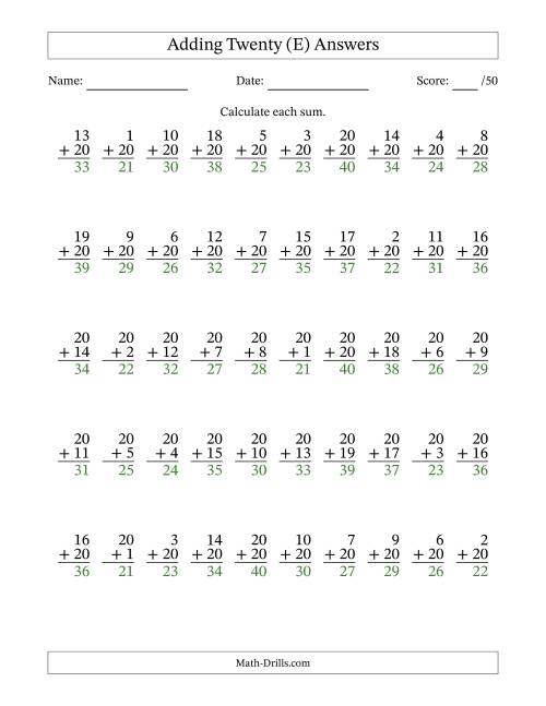 The 50 Vertical Adding Twenties Questions (E) Math Worksheet Page 2