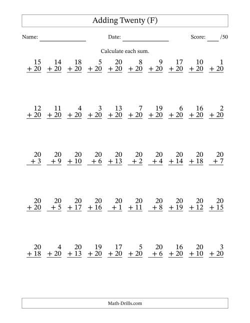 The Adding Twenty With The Other Addend From 1 to 20 – 50 Questions (F) Math Worksheet