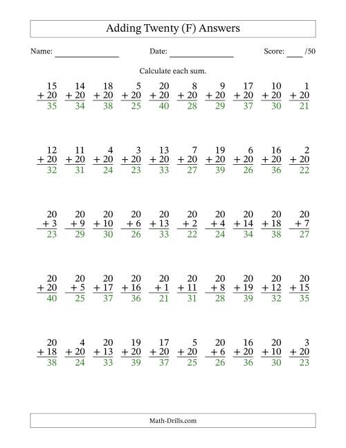 The Adding Twenty With The Other Addend From 1 to 20 – 50 Questions (F) Math Worksheet Page 2