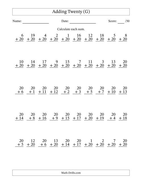 The Adding Twenty With The Other Addend From 1 to 20 – 50 Questions (G) Math Worksheet