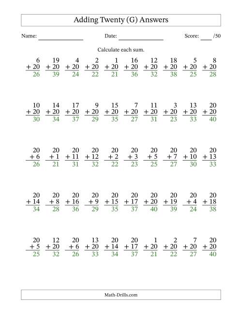 The 50 Vertical Adding Twenties Questions (G) Math Worksheet Page 2