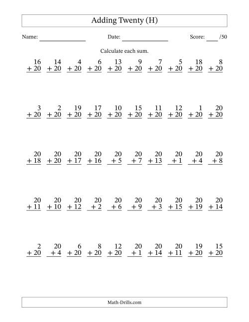 The Adding Twenty With The Other Addend From 1 to 20 – 50 Questions (H) Math Worksheet