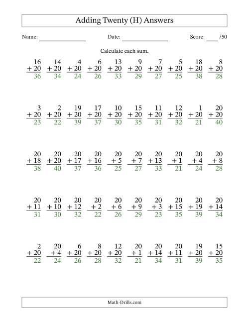The 50 Vertical Adding Twenties Questions (H) Math Worksheet Page 2