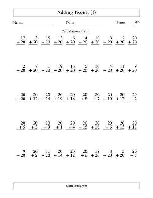 The Adding Twenty With The Other Addend From 1 to 20 – 50 Questions (I) Math Worksheet