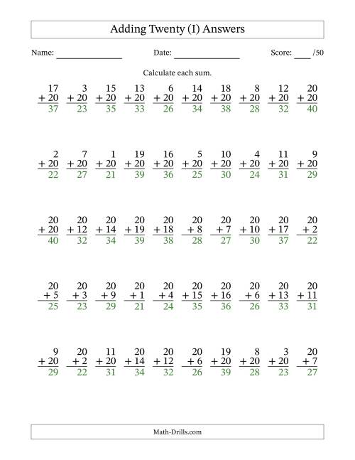 The 50 Vertical Adding Twenties Questions (I) Math Worksheet Page 2