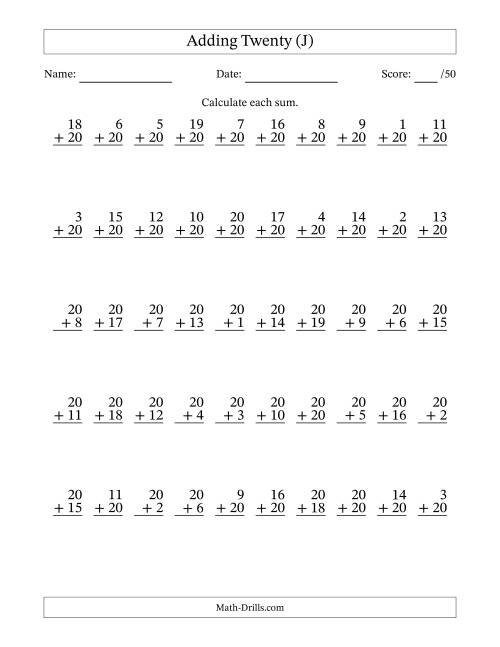 The Adding Twenty With The Other Addend From 1 to 20 – 50 Questions (J) Math Worksheet