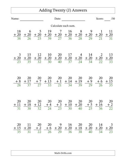 The Adding Twenty With The Other Addend From 1 to 20 – 50 Questions (J) Math Worksheet Page 2