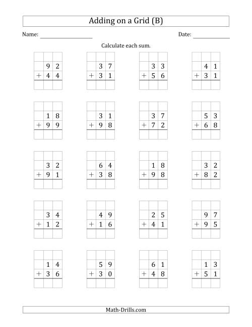The Adding 2-Digit Plus 2-Digit Numbers on a Grid (B) Math Worksheet