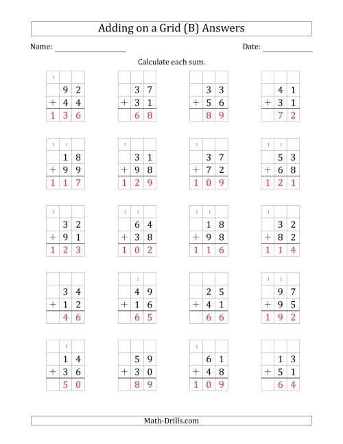 The Adding 2-Digit Plus 2-Digit Numbers on a Grid (B) Math Worksheet Page 2