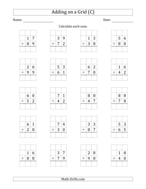 The Adding 2-Digit Plus 2-Digit Numbers on a Grid (C) Math Worksheet