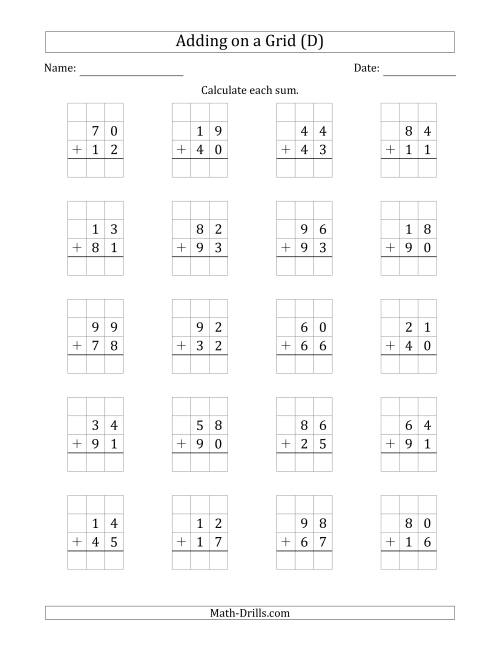 The Adding 2-Digit Plus 2-Digit Numbers on a Grid (D) Math Worksheet