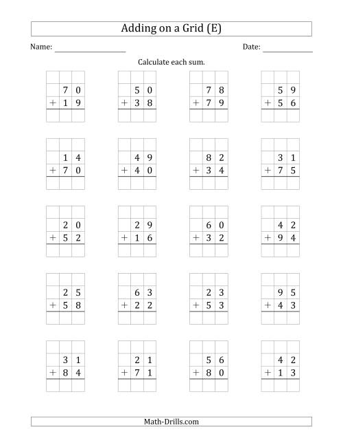 The Adding 2-Digit Plus 2-Digit Numbers on a Grid (E) Math Worksheet