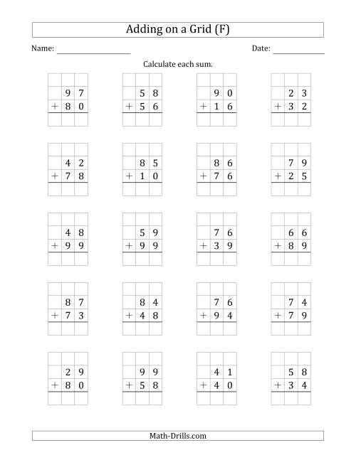 The Adding 2-Digit Plus 2-Digit Numbers on a Grid (F) Math Worksheet