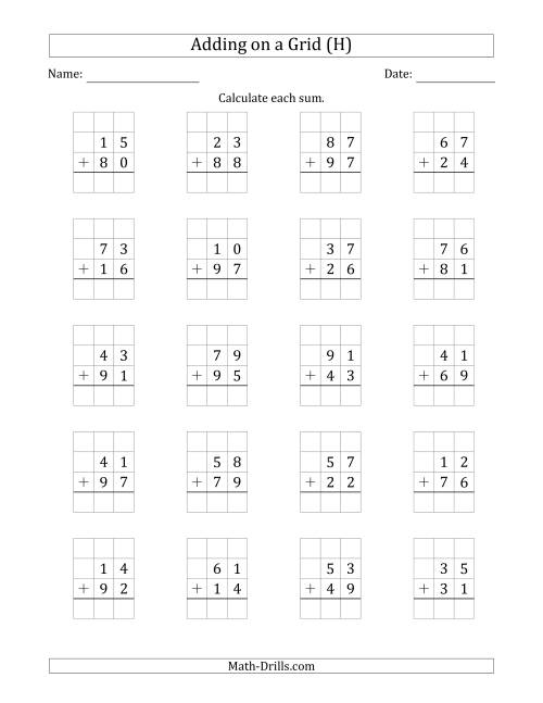 The Adding 2-Digit Plus 2-Digit Numbers on a Grid (H) Math Worksheet