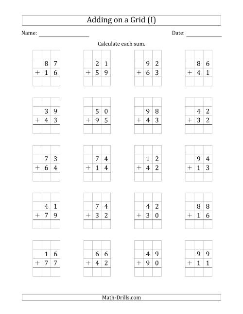 The Adding 2-Digit Plus 2-Digit Numbers on a Grid (I) Math Worksheet